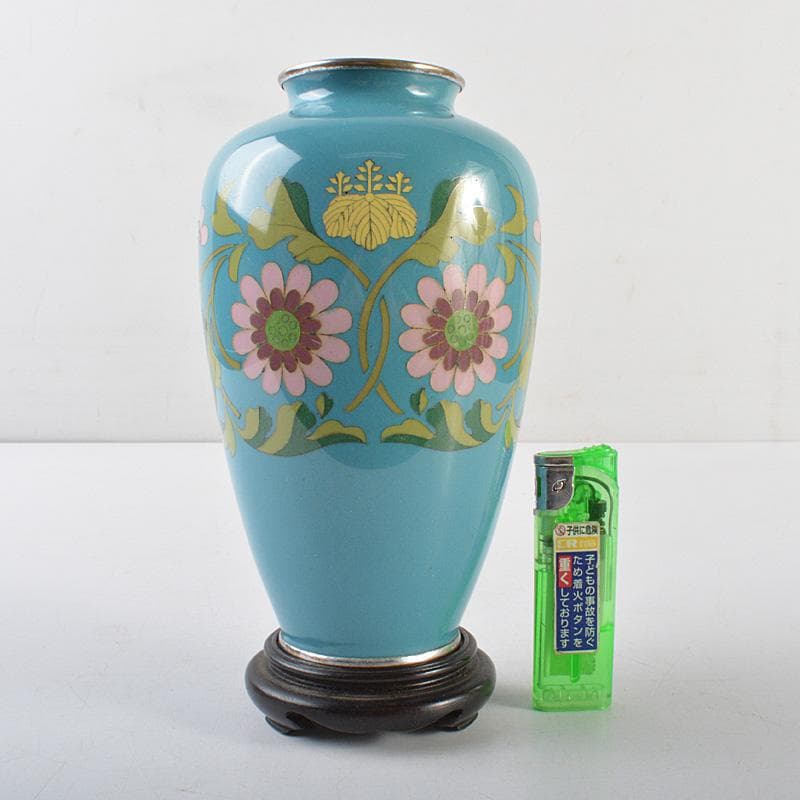 七宝焼　花文　花瓶　唐木台付　時代箱　C　R6204