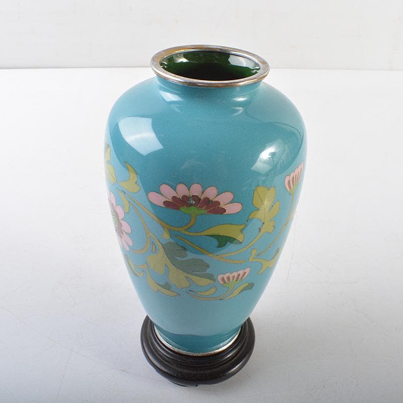 七宝焼　花文　花瓶　唐木台付　時代箱　C　R6204