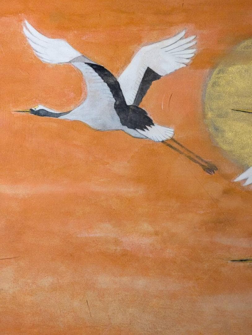 【真作】絵画　三尾彰藍　日本画6号　朝陽　金泥満月の図　吉祥画　W117