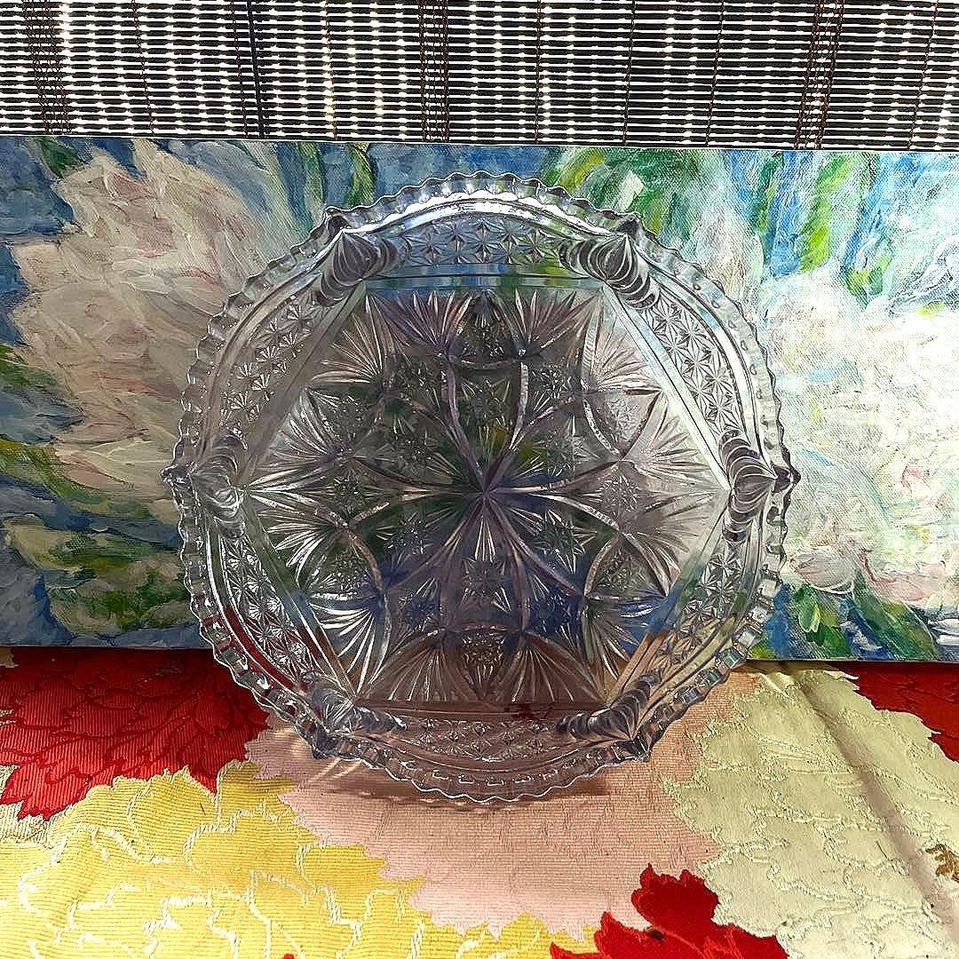 骨董　時代ガラス　プレスガラス　希少　淡紫色　クリスタルカット　菓子鉢　大鉢