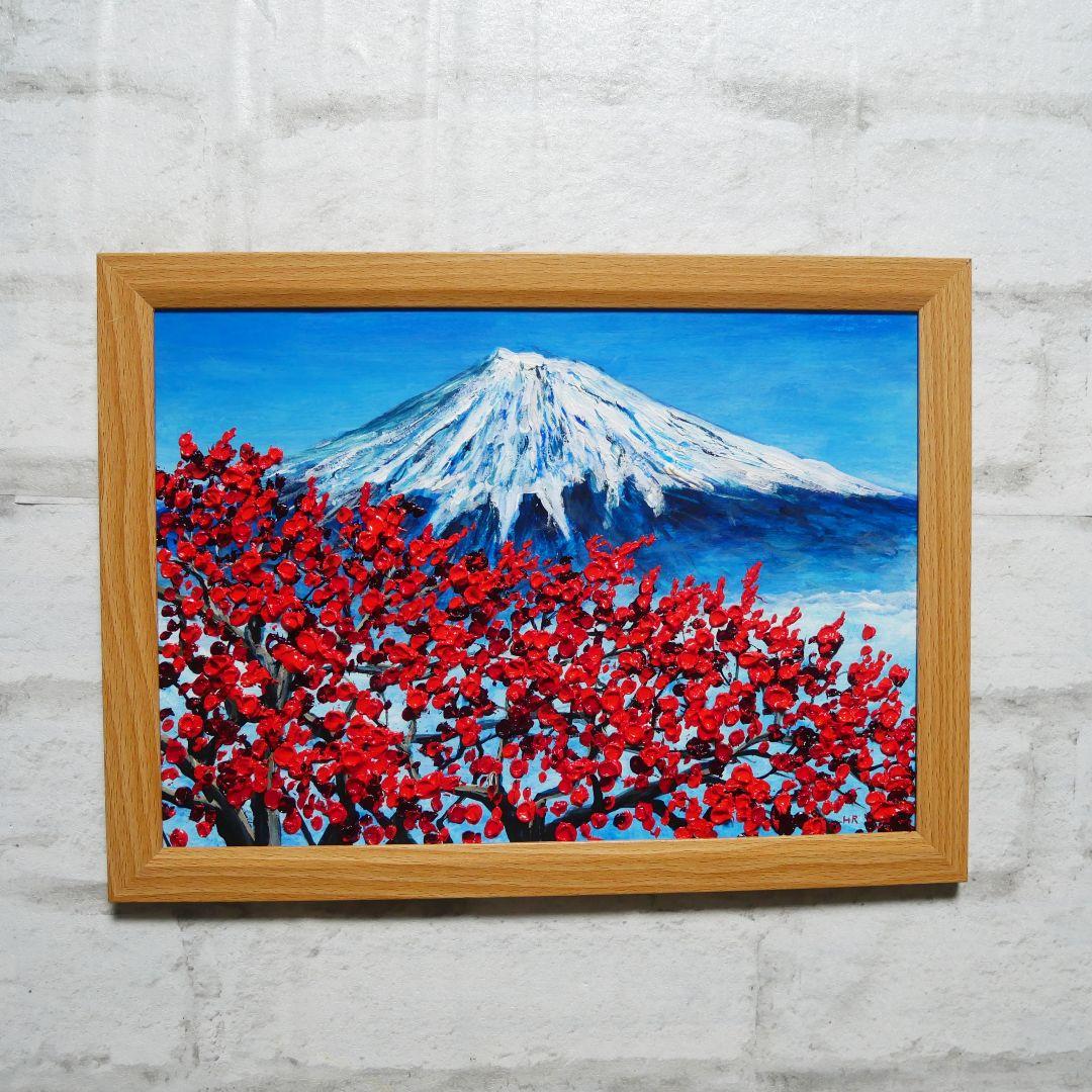 油絵 油彩 油彩画 絵 絵画【富士山と梅の花】
