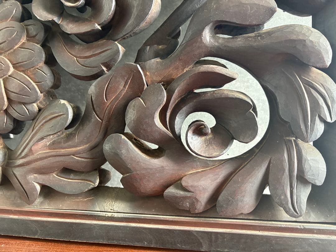 欄間　 らんま　檜？木彫り　各々１４ｋｇ弱　どっしり　アンティーク　菊　蓮？