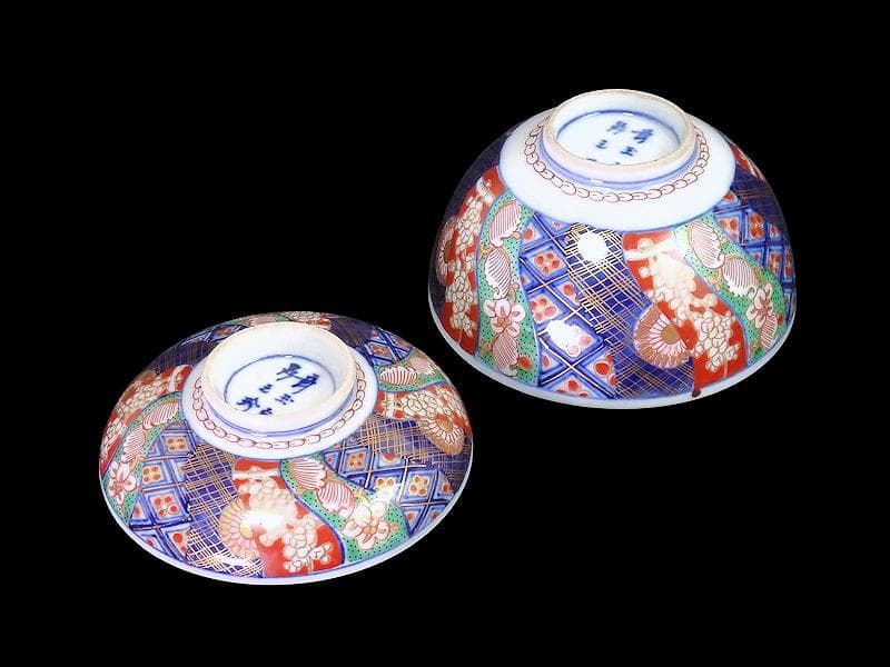 大聖寺伊万里　金襴手　捻り紋に寿の図　蓋茶碗　N158AS-DCd