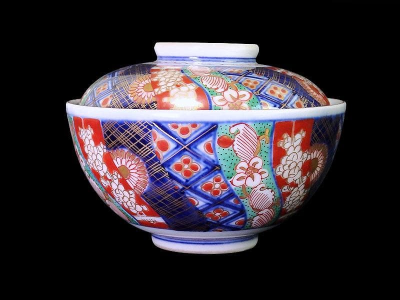 大聖寺伊万里　金襴手　捻り紋に寿の図　蓋茶碗　N158AS-DCd