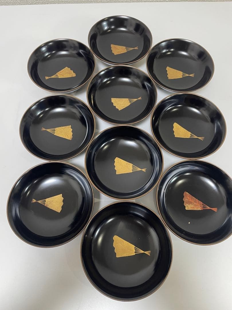 漆器 輪島塗 金蒔絵 扇柄 黒 内黒 吸物 割烹 蓋付き10客個 お煮物椀