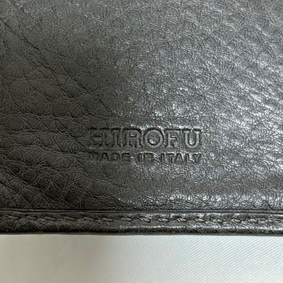 ヒロフ 折り財布 H ロゴ型押し シボ革 レザー コンパクト イタリア製 灰色