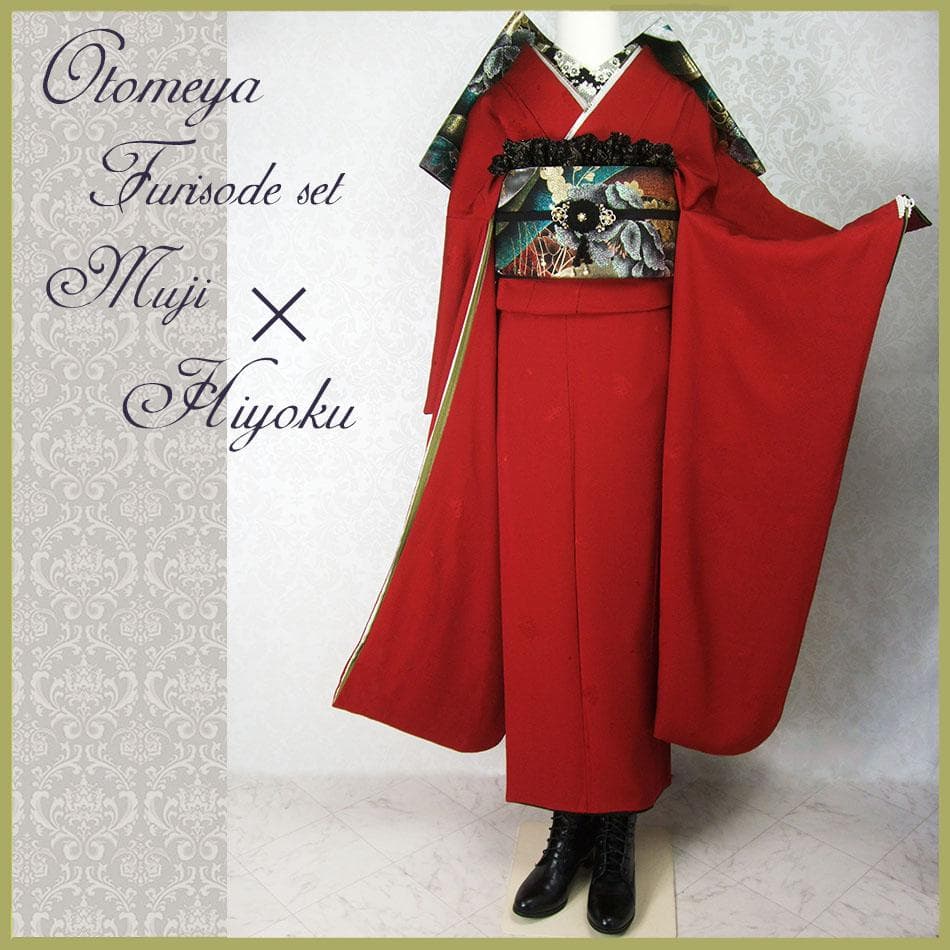 山本寛斎/赤無地桜地紋/比翼仕立て 振袖フルセット　ｍ55　成人式