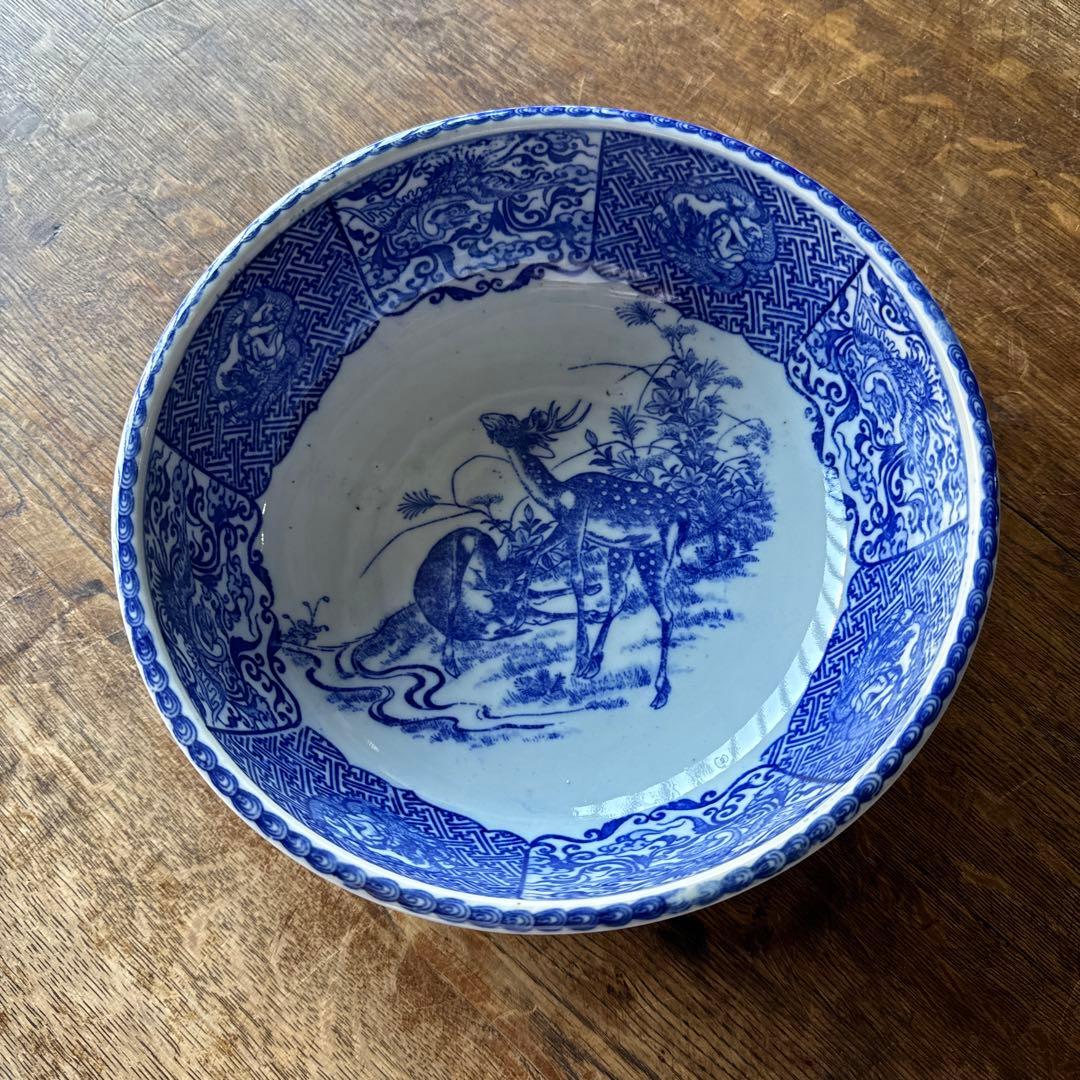 明治〜大正期 古伊万里 印判手 鹿に鳳凰龍人物文 丸鉢　K264