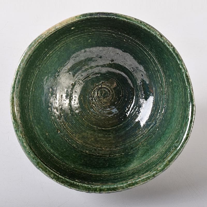 北大路魯山人作　織部焼　於里辺　茶碗　共布共箱　M　R8325