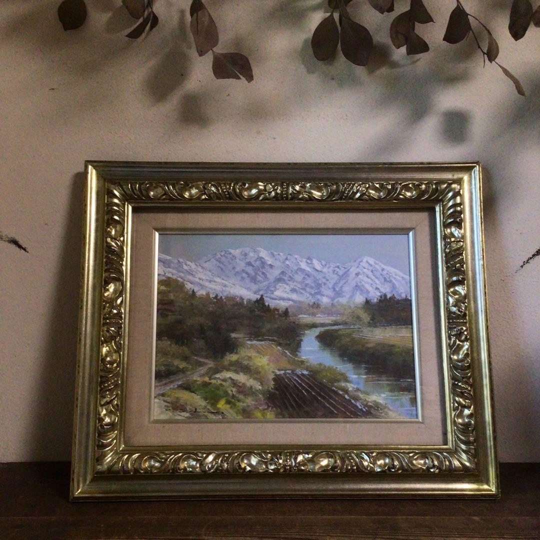 No4035額装　佐田光「南駒ヶ岳」　油彩画　F4号　直筆サイン　美術　送料無料