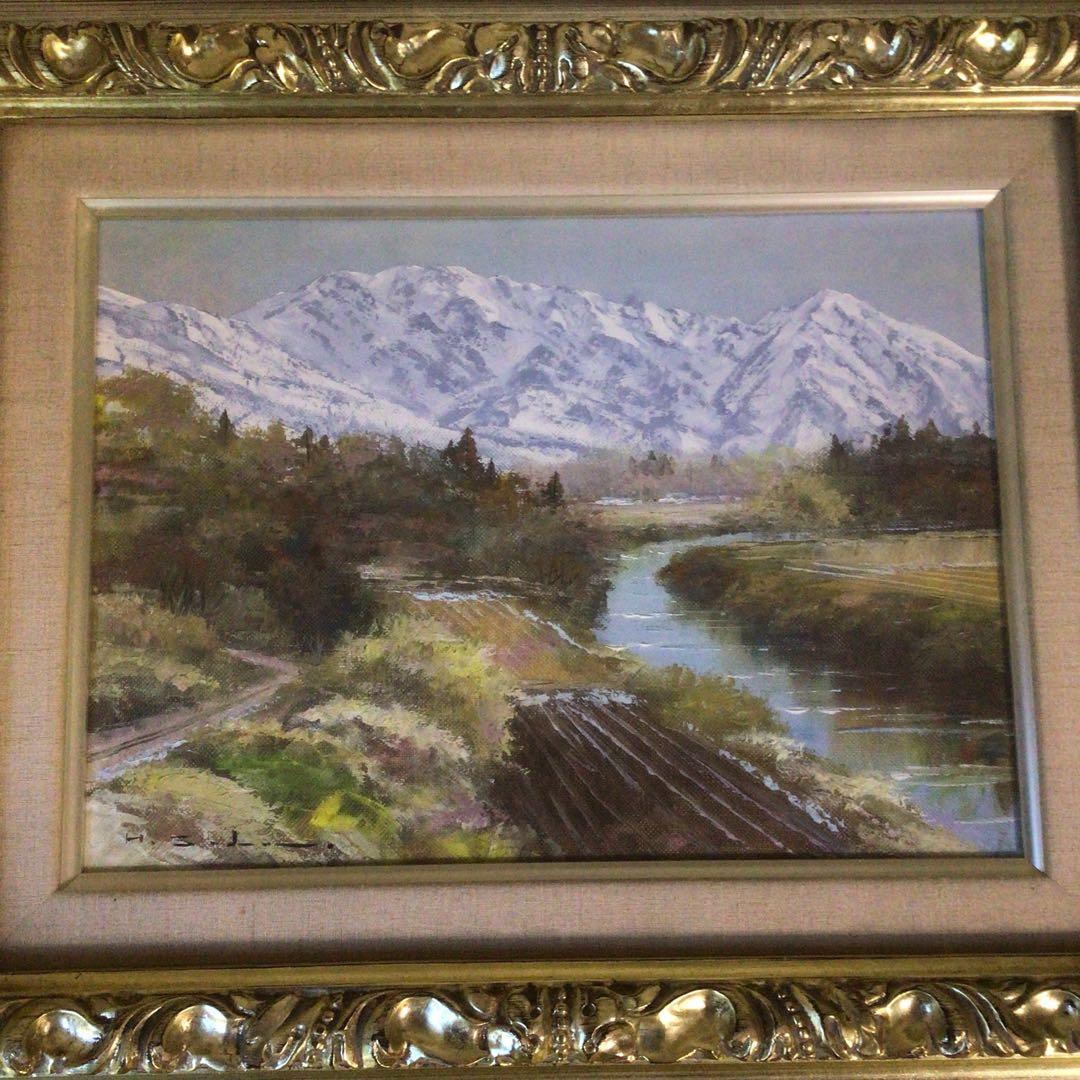 No4035額装　佐田光「南駒ヶ岳」　油彩画　F4号　直筆サイン　美術　送料無料