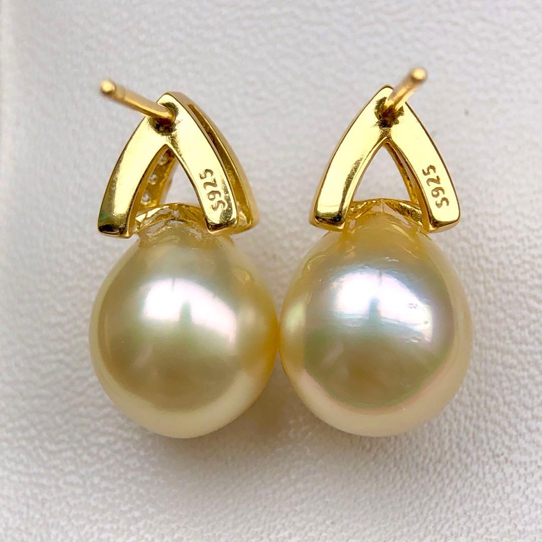 本真珠南洋白蝶真珠　レモン茶金11.4×9.8㍉s925ピアスBL915