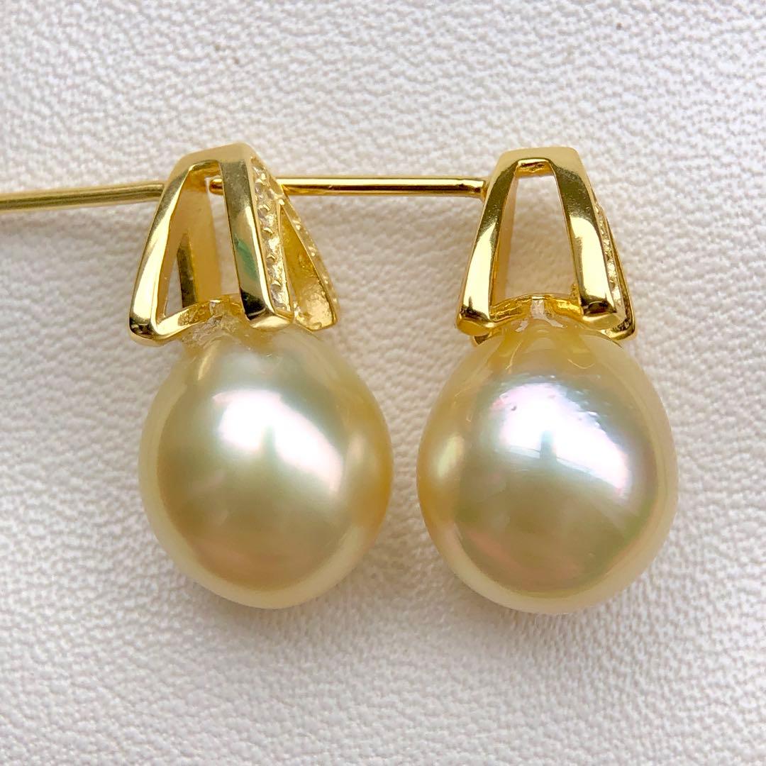 本真珠南洋白蝶真珠　レモン茶金11.4×9.8㍉s925ピアスBL915