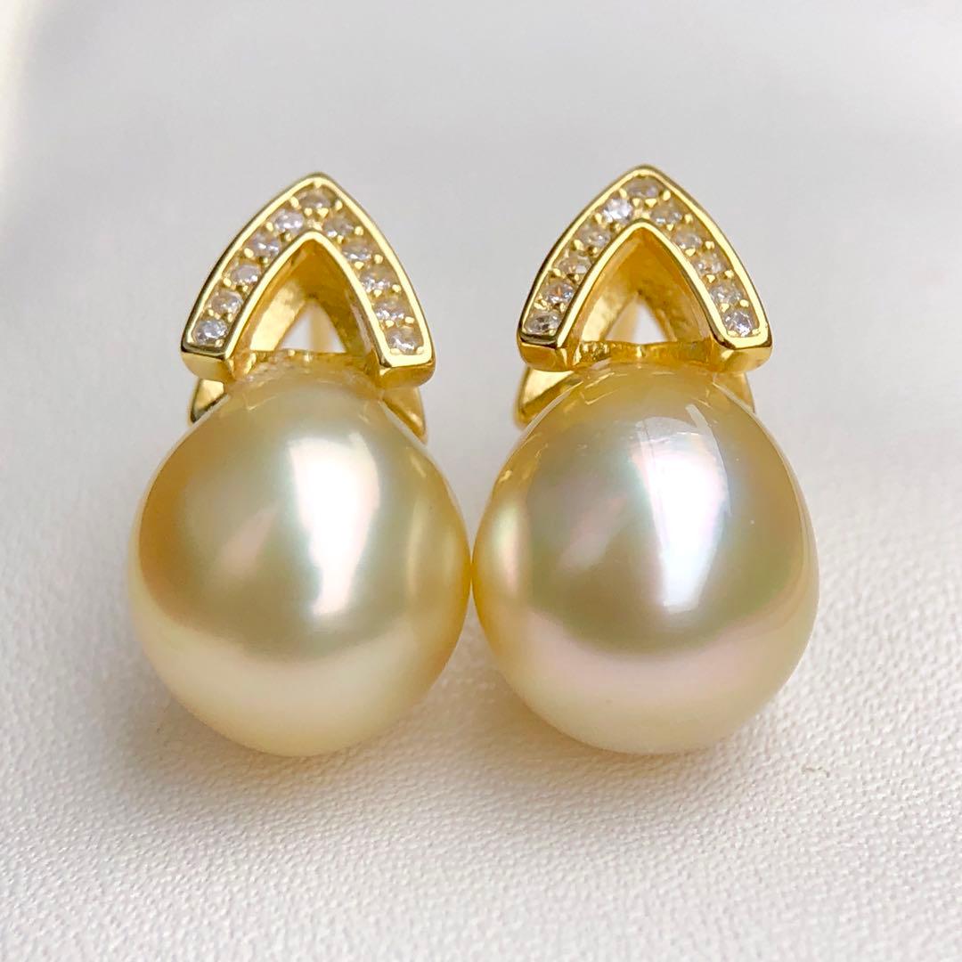 本真珠南洋白蝶真珠　レモン茶金11.4×9.8㍉s925ピアスBL915