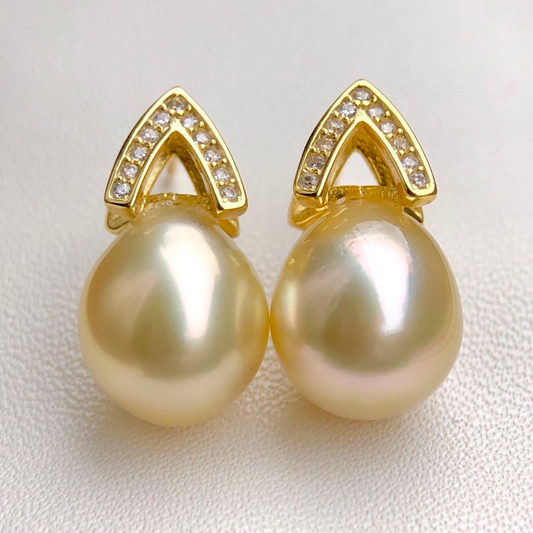 本真珠南洋白蝶真珠　レモン茶金11.4×9.8㍉s925ピアスBL915