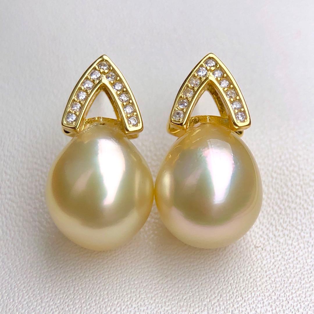 本真珠南洋白蝶真珠　レモン茶金11.4×9.8㍉s925ピアスBL915