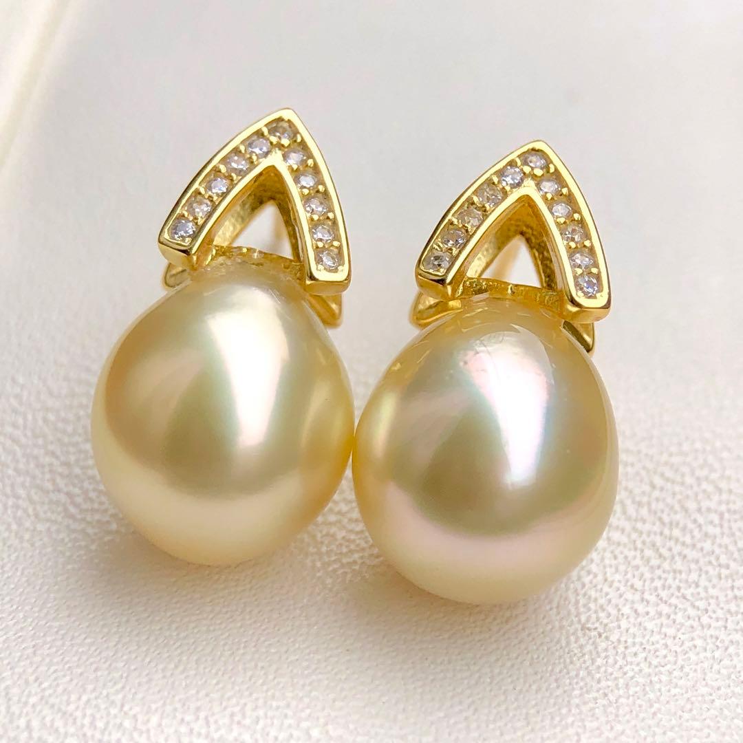 本真珠南洋白蝶真珠　レモン茶金11.4×9.8㍉s925ピアスBL915