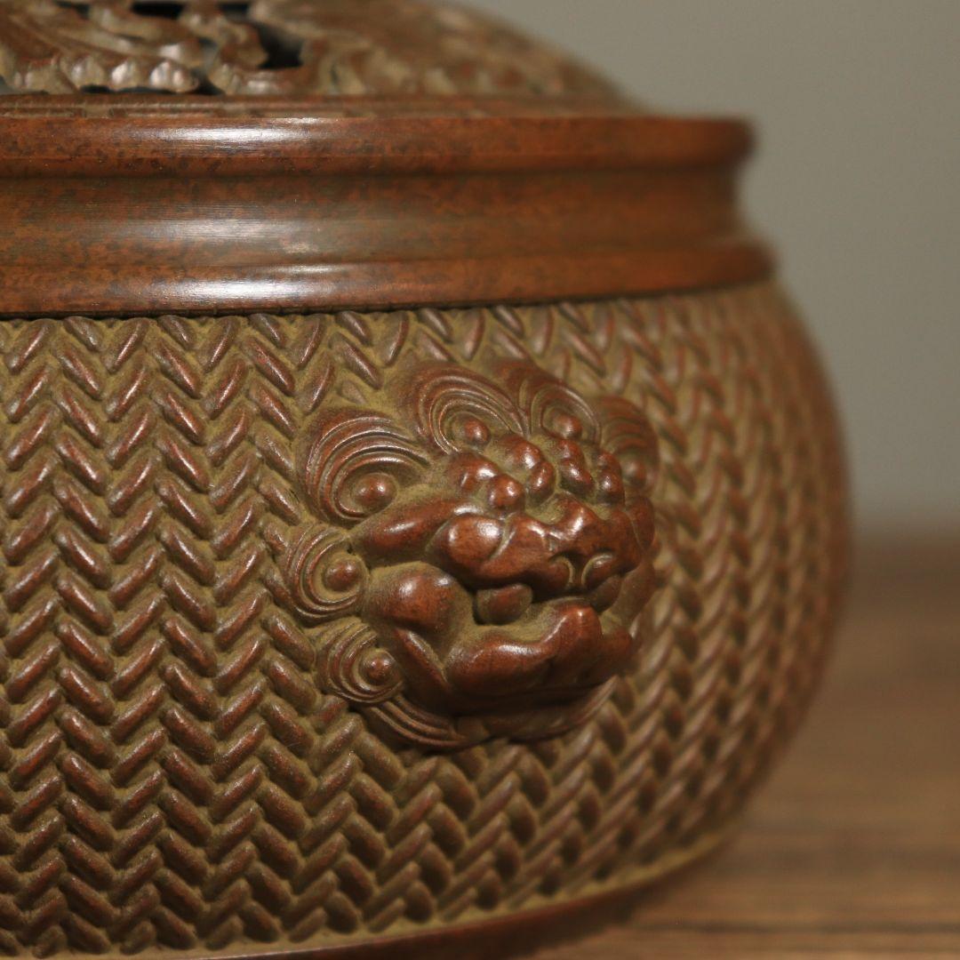銅製 香炉 双獅耳竹編み模様蓋薫香炉 檀香炉 香道具 装飾品 工芸品 置物