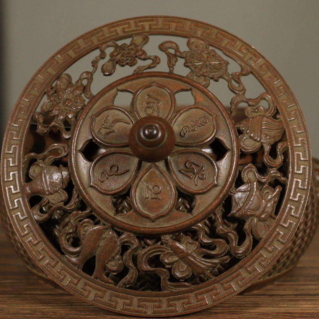 銅製 香炉 双獅耳竹編み模様蓋薫香炉 檀香炉 香道具 装飾品 工芸品 置物