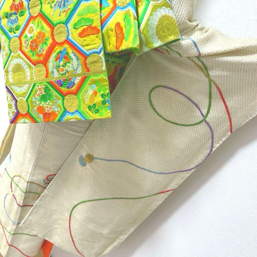 381 振袖フルセット 正絹 黄緑 グリーン 絞り 総刺繍 駒刺繍 レトロ