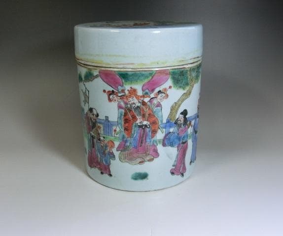 蓋物■中国陶磁器人物色絵合子 茶入 桃松 唐人 蓋鉢 丸筒鉢 入物 古玩 骨董■