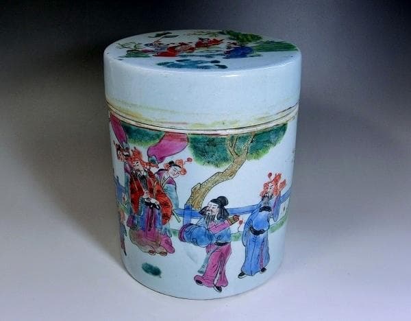 蓋物■中国陶磁器人物色絵合子 茶入 桃松 唐人 蓋鉢 丸筒鉢 入物 古玩 骨董■