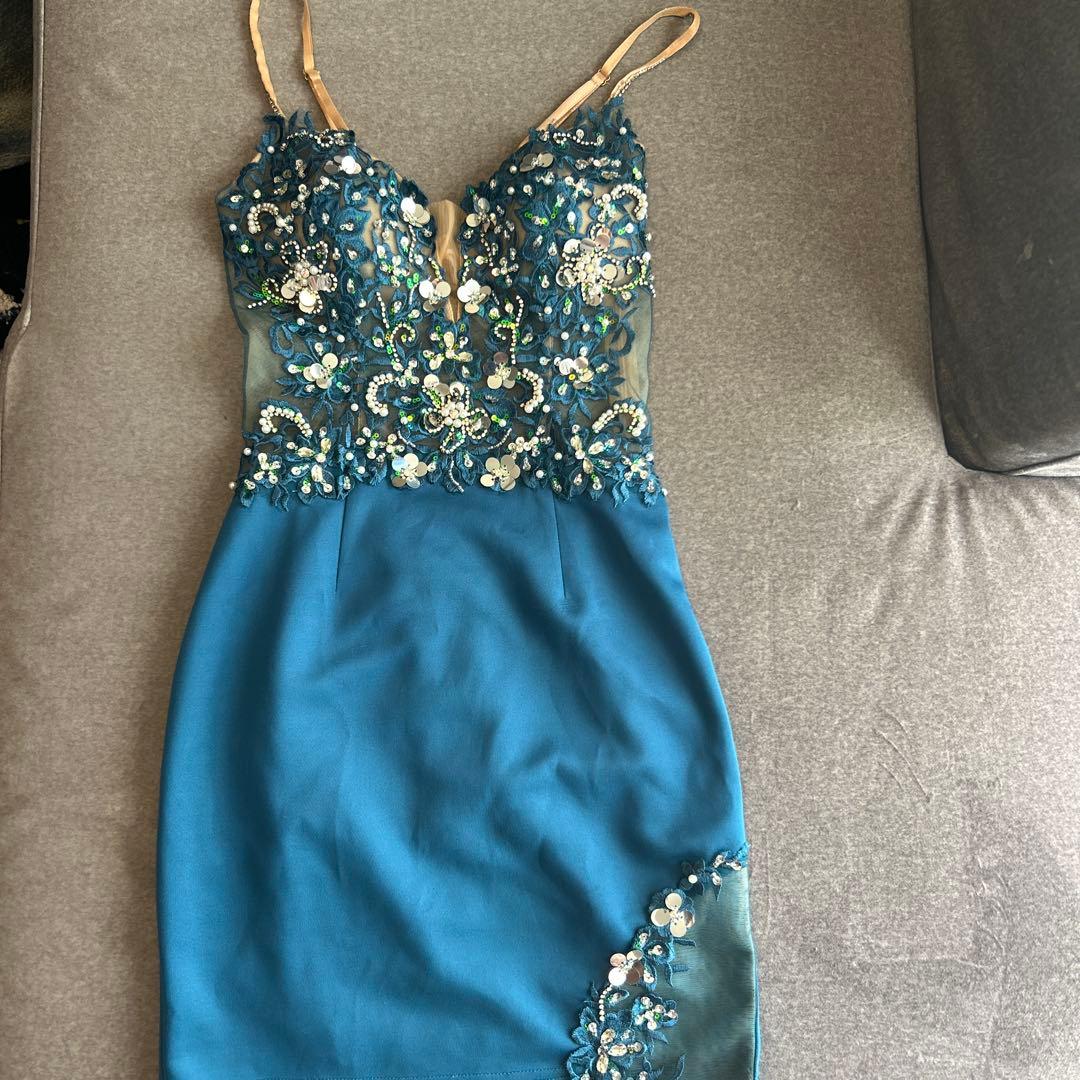 エンジェルアール　ブルー　ナイトドレス　キャバドレス　ビジュー　フラワー　ドレス