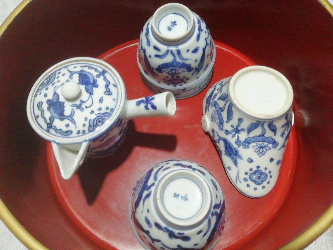 ♪時代九谷染付 煎茶揃い　朱漆茶櫃共