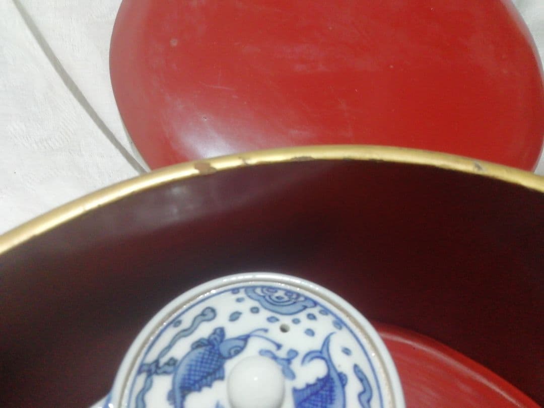 ♪時代九谷染付 煎茶揃い　朱漆茶櫃共