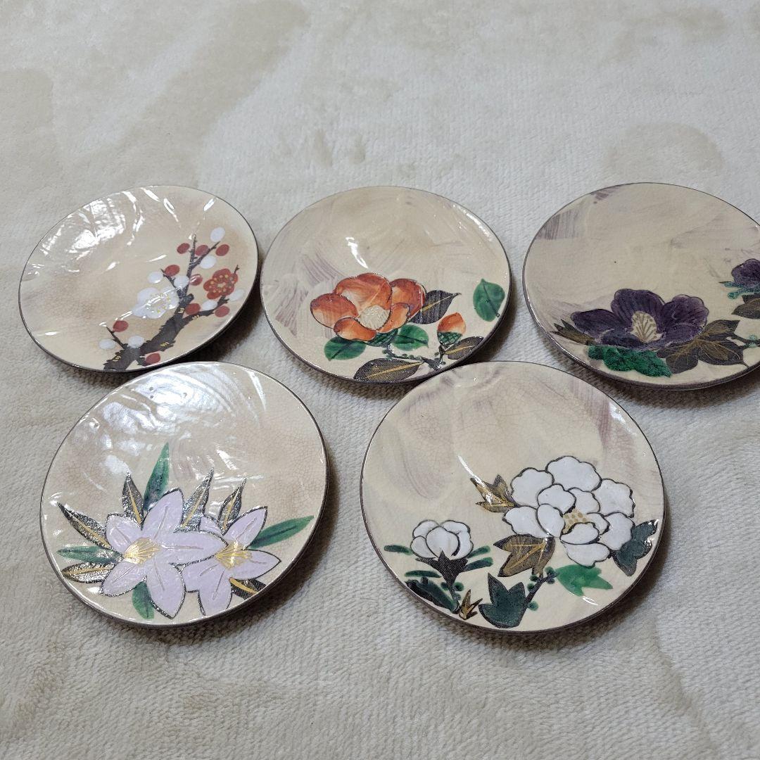 昭和初期 京焼 嘉曹窯 色絵金彩 小皿5枚セット 銘々皿 椿 梅 花文様