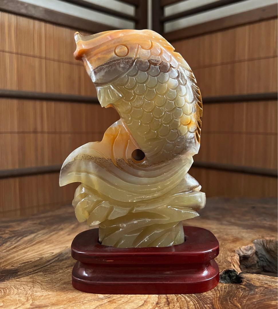 中国美術 時代 瑠璃 玉 昇鯉 台座付き