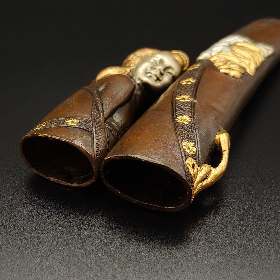 年末セール　銅製刀装具　短刀拵　柄鞘一式　遊女の図　絵金銀　金工品　細工　刀装具