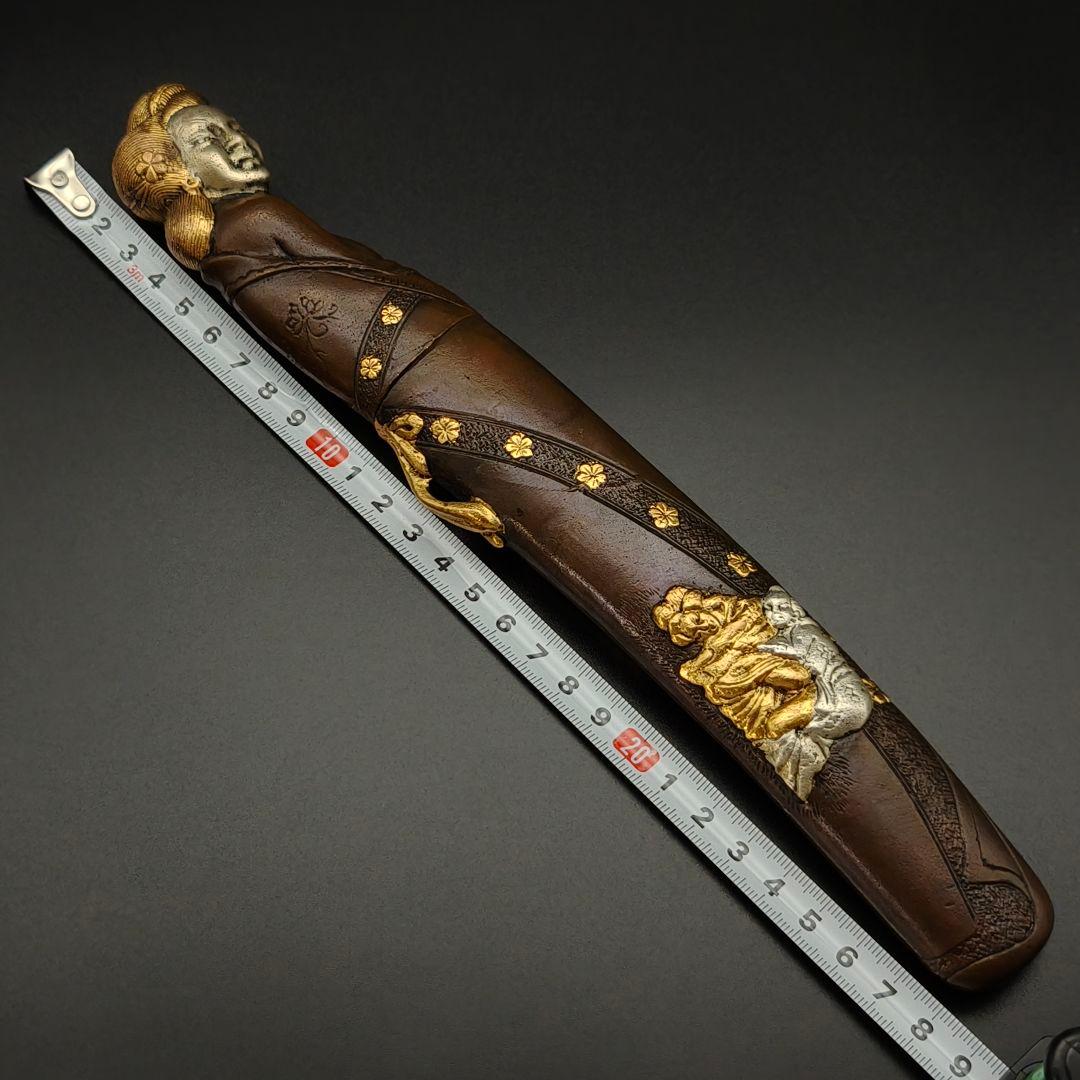 年末セール　銅製刀装具　短刀拵　柄鞘一式　遊女の図　絵金銀　金工品　細工　刀装具