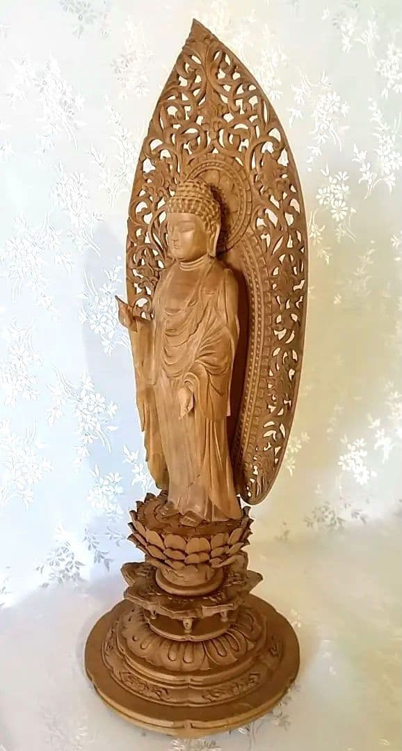 阿弥陀如来立像 4.5寸#570+#576 像は◆白檀 木彫 仏像