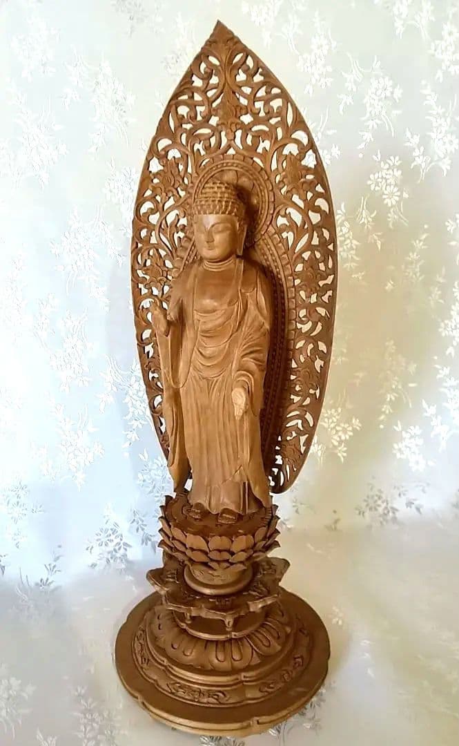 阿弥陀如来立像 4.5寸#570+#576 像は◆白檀 木彫 仏像