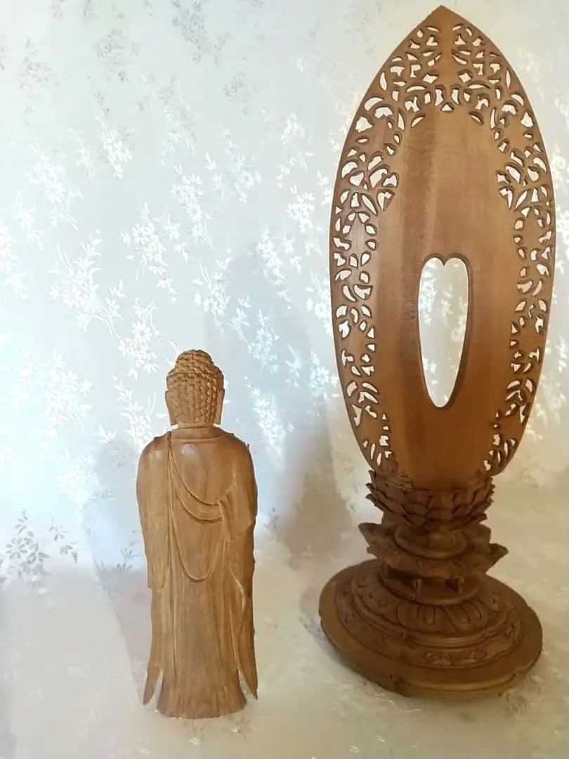 阿弥陀如来立像 4.5寸#570+#576 像は◆白檀 木彫 仏像