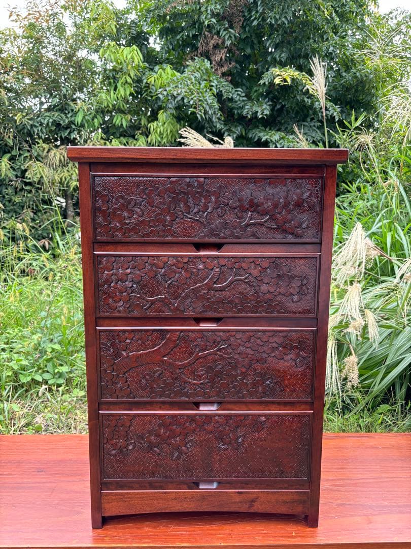 大坂屋家具店　軽井沢彫　4段チェスト　桜彫刻　伝統工芸　小箪笥