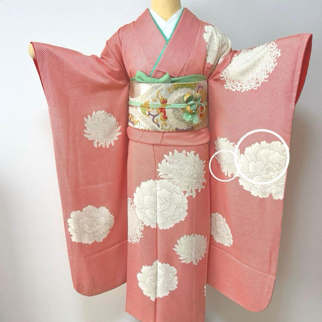 373 振袖フルセット 正絹 朱赤 橙オレンジ 金彩 手描き 小柄さん レトロ
