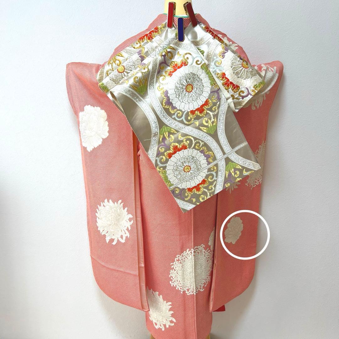 373 振袖フルセット 正絹 朱赤 橙オレンジ 金彩 手描き 小柄さん レトロ