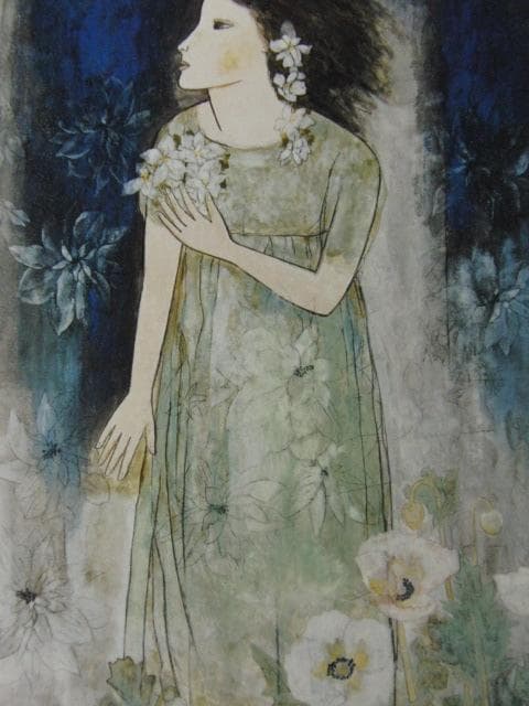 菊川三織子、【白い花】、希少な額装用画集より、新品額装付、状態良好