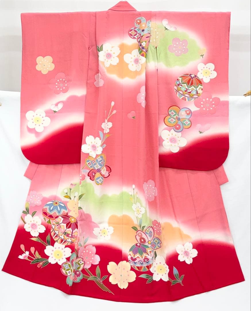 七五三着物　7才　女児　四つ身　まり・桜／ピンク系《子供491》#江戸小もーん