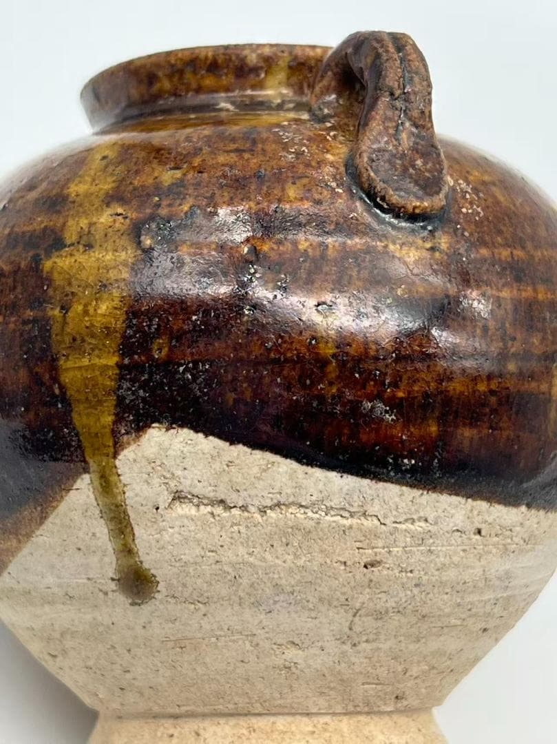 金から元時代　褐釉双耳小壺 茶入　茶道具　水指 酒器 時代物(F-121)