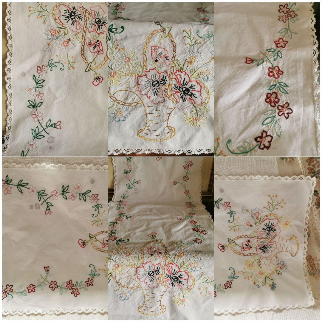 アンティークフランス 野の花の花籠 色糸刺繍 リネンクロス ロングランナー