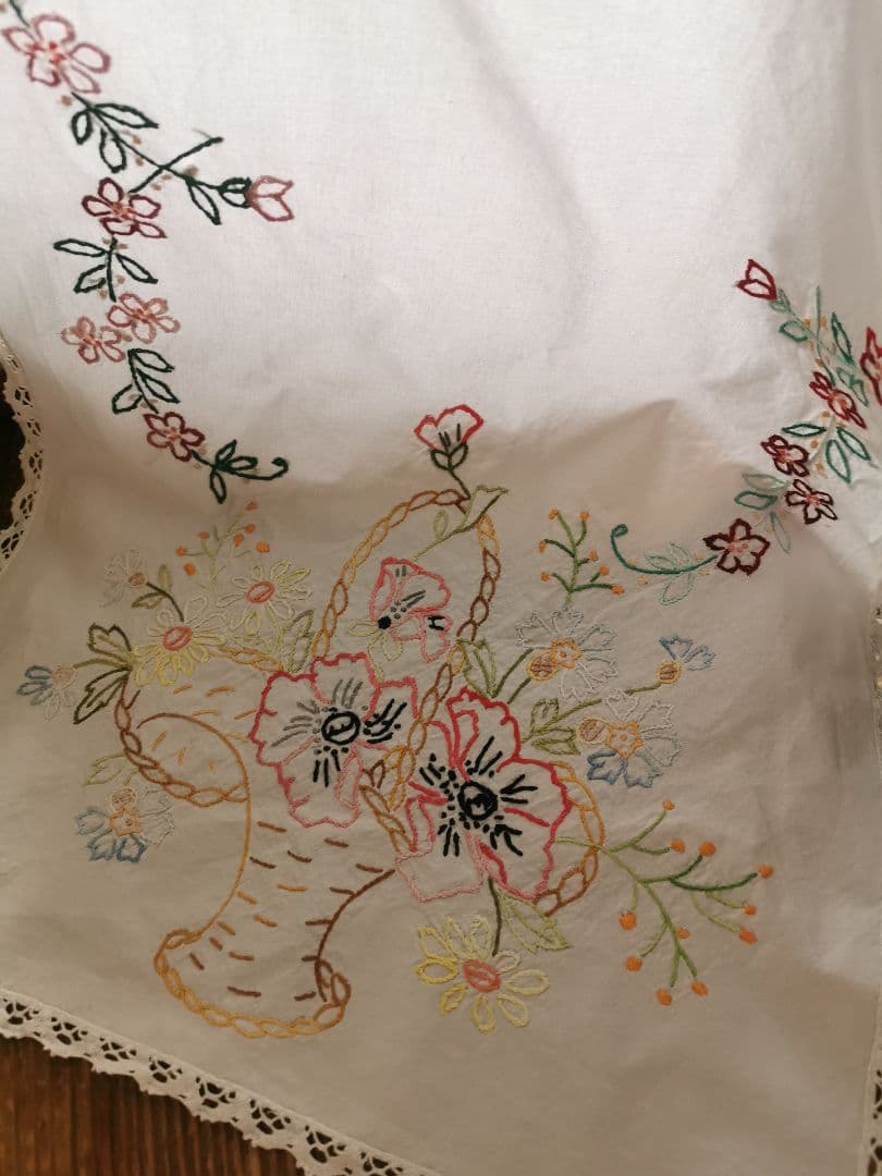 アンティークフランス 野の花の花籠 色糸刺繍 リネンクロス ロングランナー