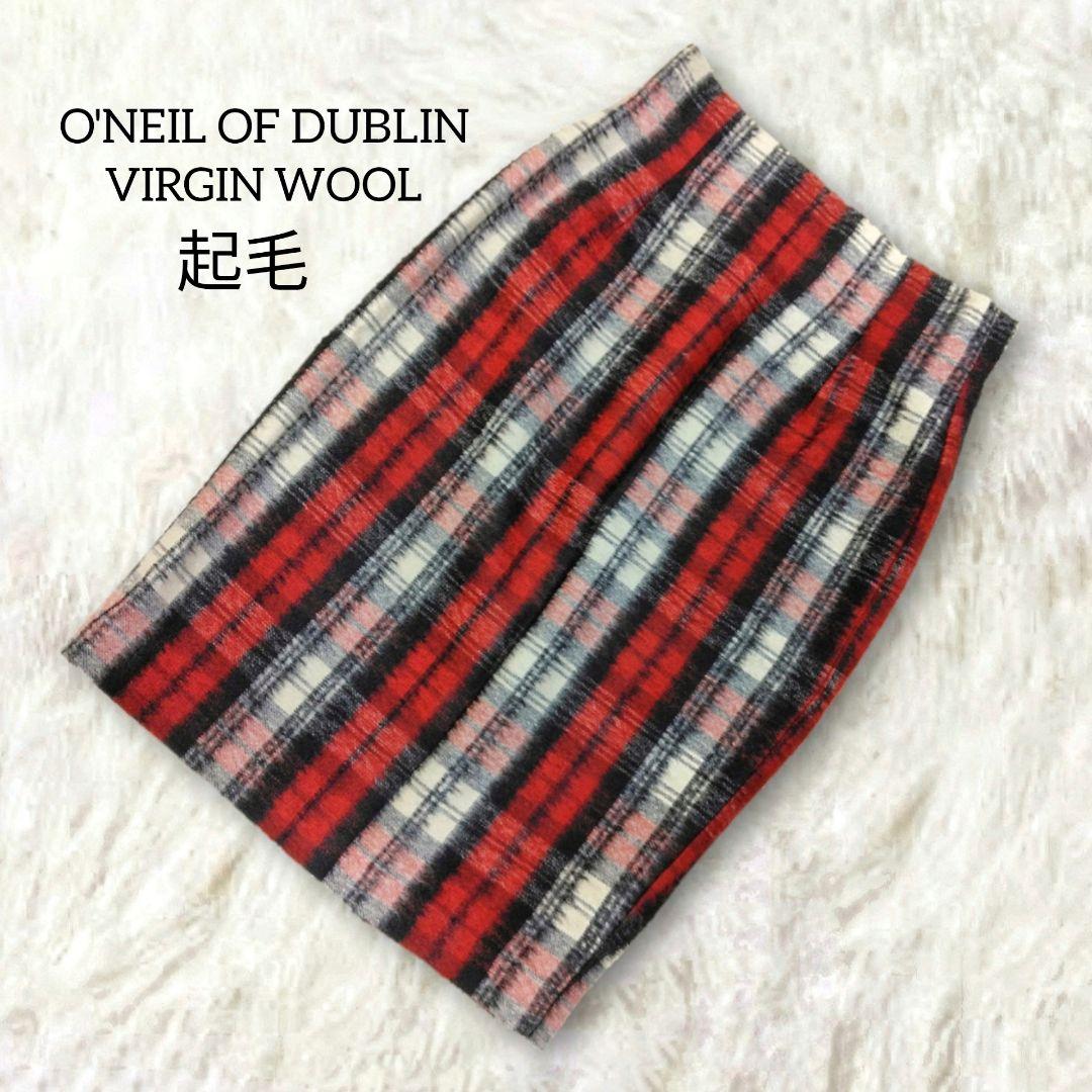 オニールオブダブリン 起毛 タイト スカート レッド チェック ウール ひざ丈
