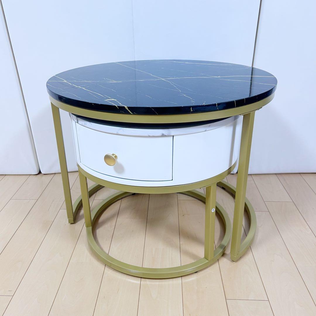 ネストテーブル サイドテーブル ナイトテーブル　丸 引出付き 収納　大理石調