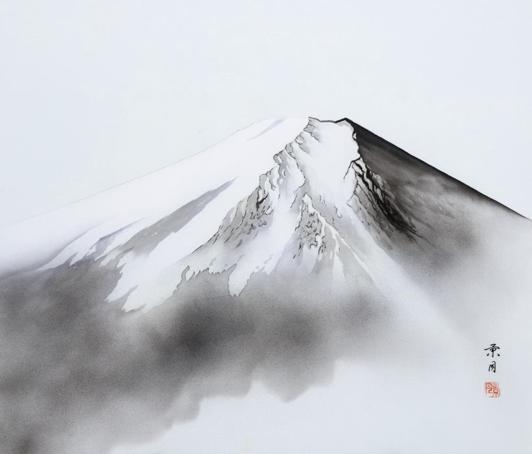 F10 肉筆水彩 日本画 『白富士』 高級木製額縁付属 外寸約713×638mm