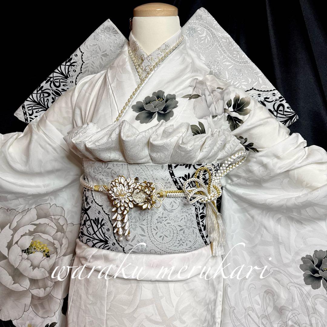 ◾️くすみ白地振袖一式、牡丹菊紋、フルオーダー、成人式フルセット