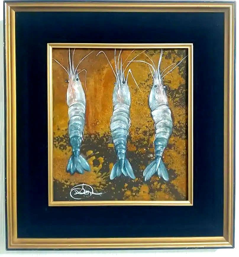 錆を使用した珍しいエビの油絵【海老の絵画】1点物の原画/作者サイン入り/額縁付属