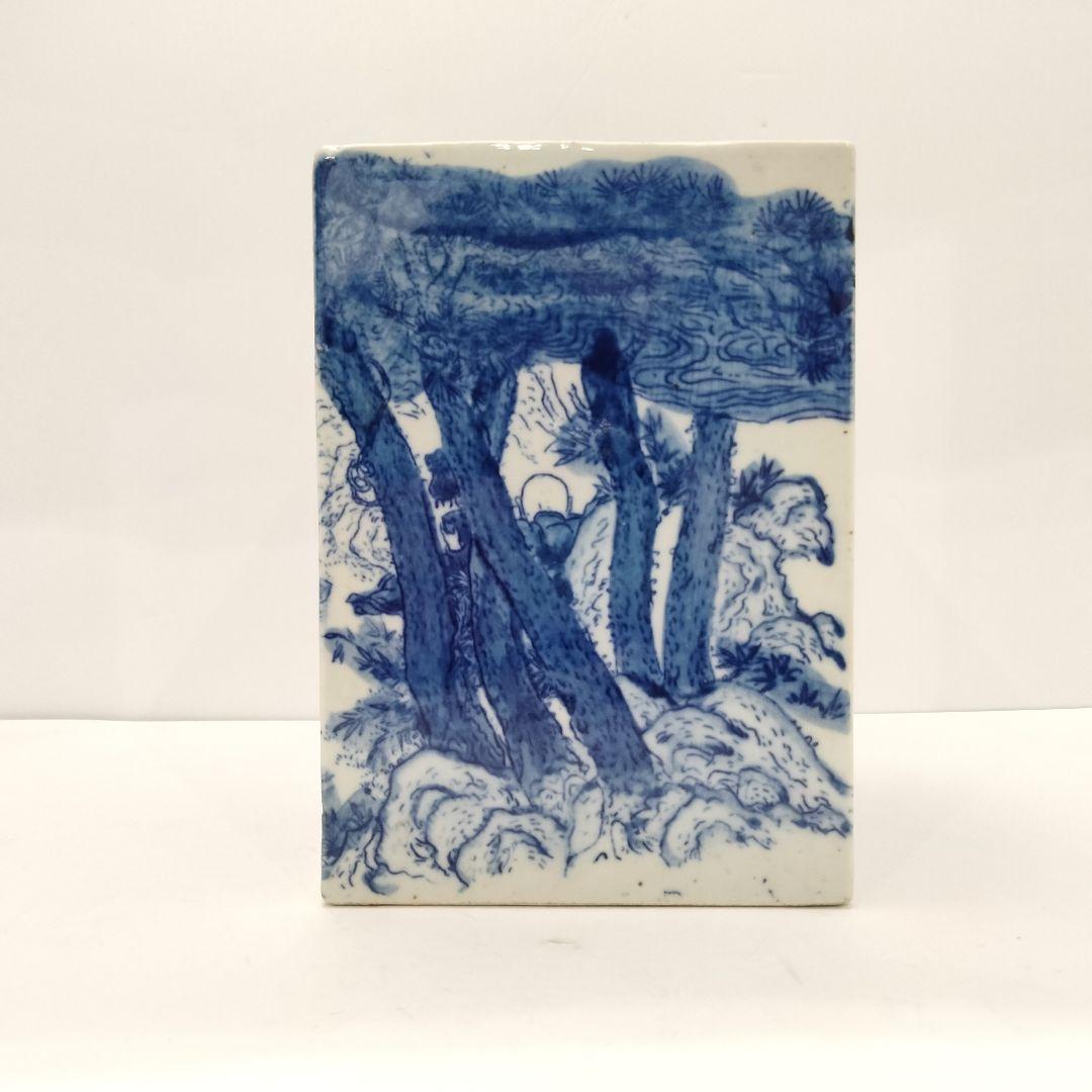 W318-2 清朝 古染付 在銘 大清康照年製 角鉢 筆筒 賢人山水図　E